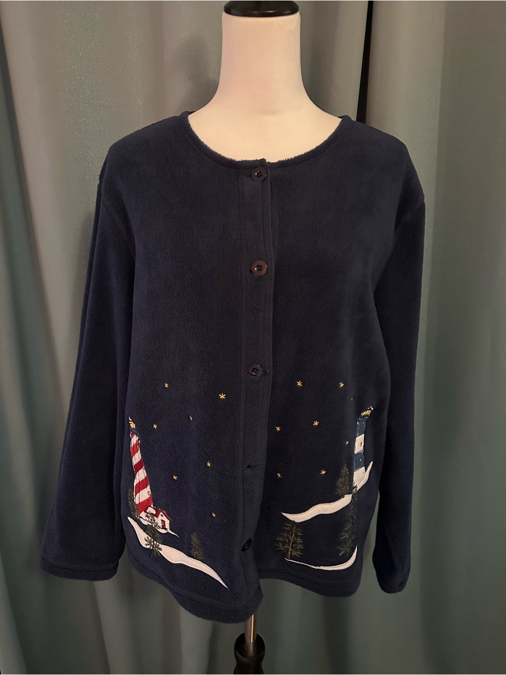 C&B Sport Croft & Barrow Womens L Navy Fleece Cardigan Lighthouse Winter Scene
